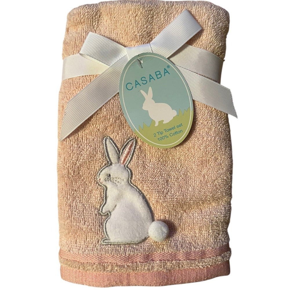 Casaba Tip Towel Set Unisex 18in Peach Brand New Bunny Embroidered Cotton 2pk